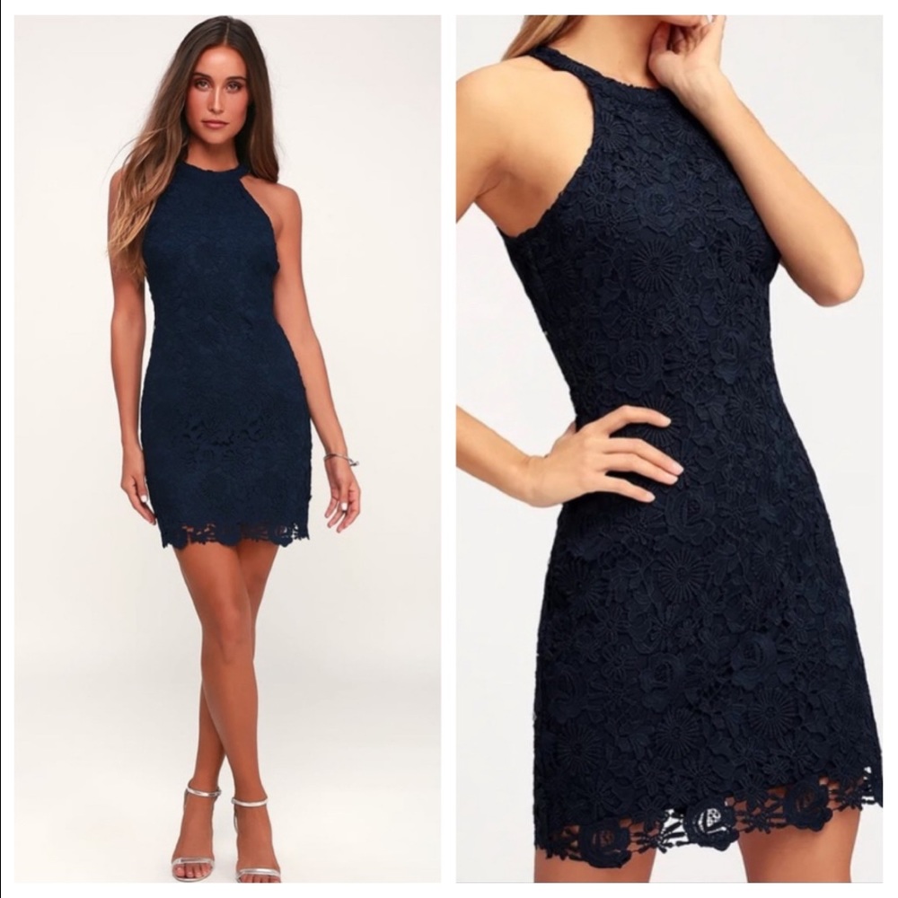 S Lulus Love Poem Lace Mini Dress Navy Blue Halter neck back zip ladies small